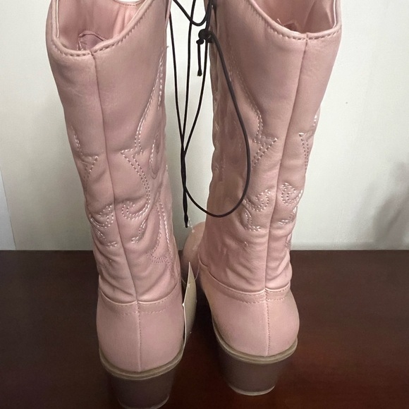 Cowgirl Boots pink faux leather Mid-Calf Stiching Western Low Stacked Heel - Picture 5 of 12